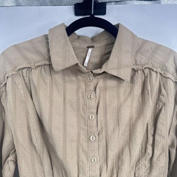 Free‎ People Tammy Button down Tan Size XS Crinkle Smocked Top Collared - Picture 7 of 11